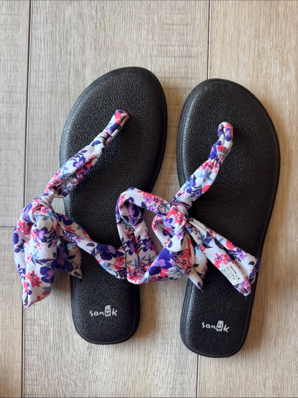Sanuk Black Sandals with Pink & Purple Floral Tie